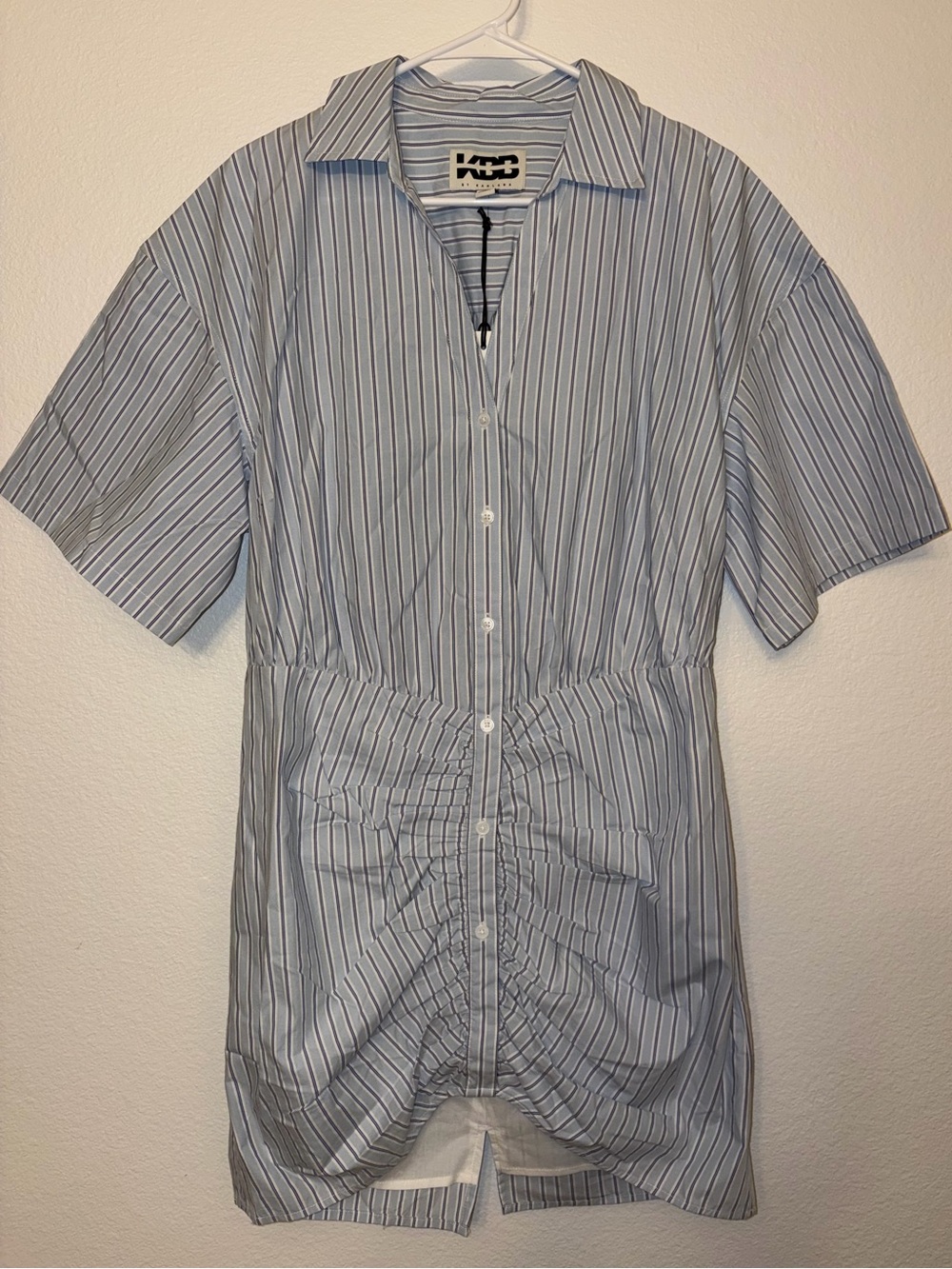 NWT KBB by Kahlana The Ruched Shirt Dress Striped Blue White Medium Mini Dress